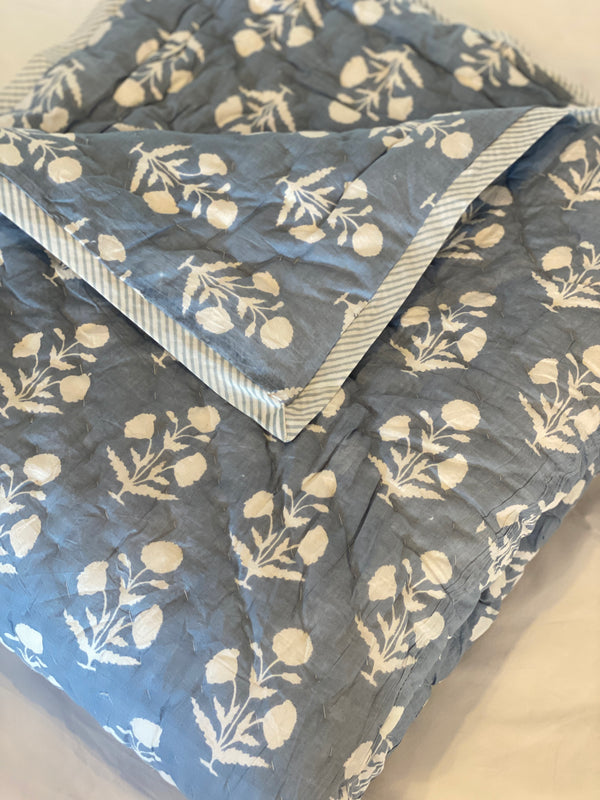 Block Printed Quilt - Cornflower Motif