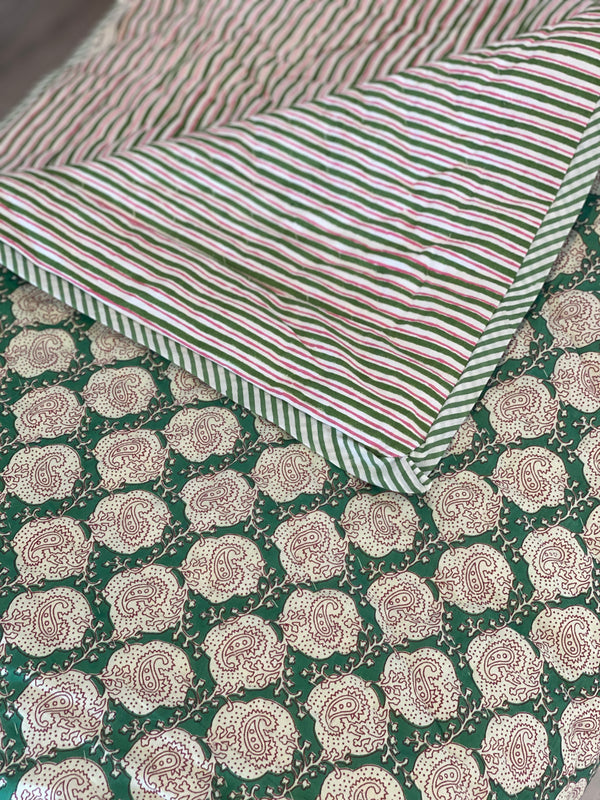 Block Printed Quilt  Green/Pink Paisley/Stripe