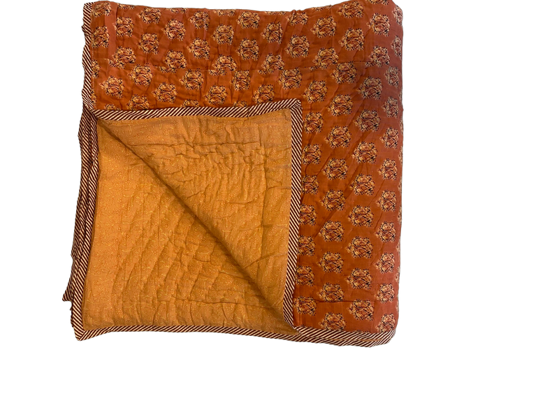 Block Printed Quilt - Terracotta Motif/Stripe