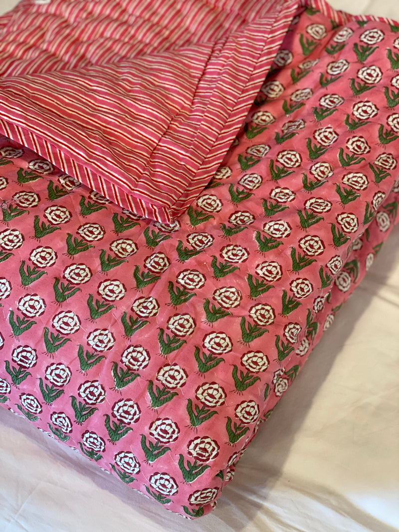 Block Printed Quilt - Pink Rose/Stripe