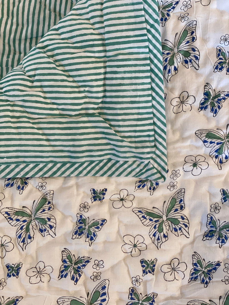 Block Printed Baby Quilt - Blue/Green Butterflies