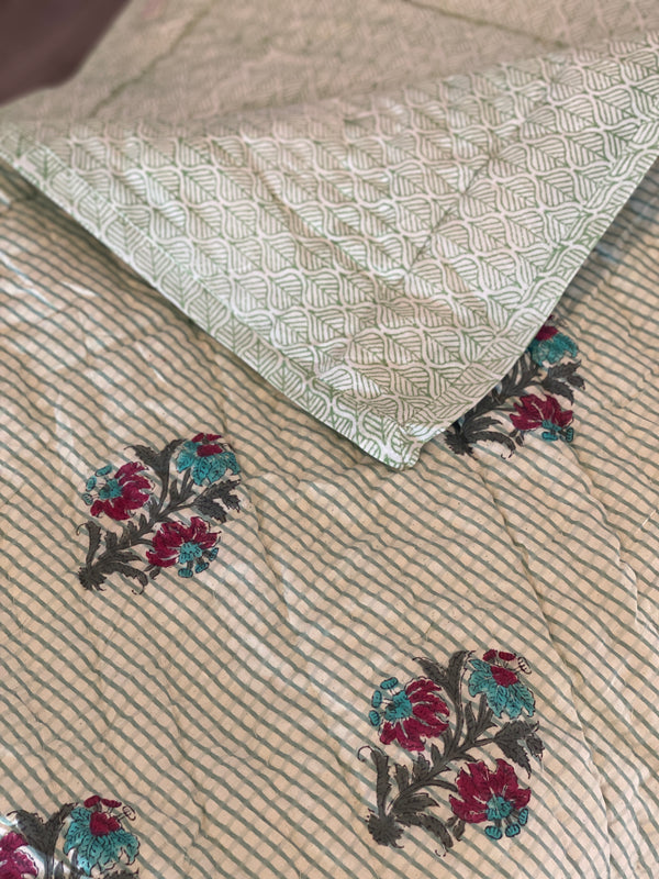 Block Printed Quilt - Green Check/Floral Motif