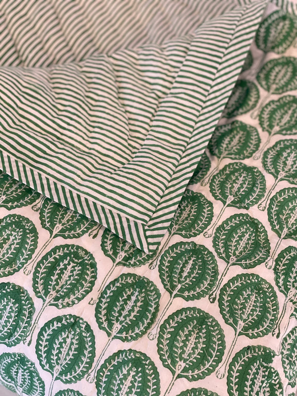 Block Printed Quilt - Green Fan/Stripe