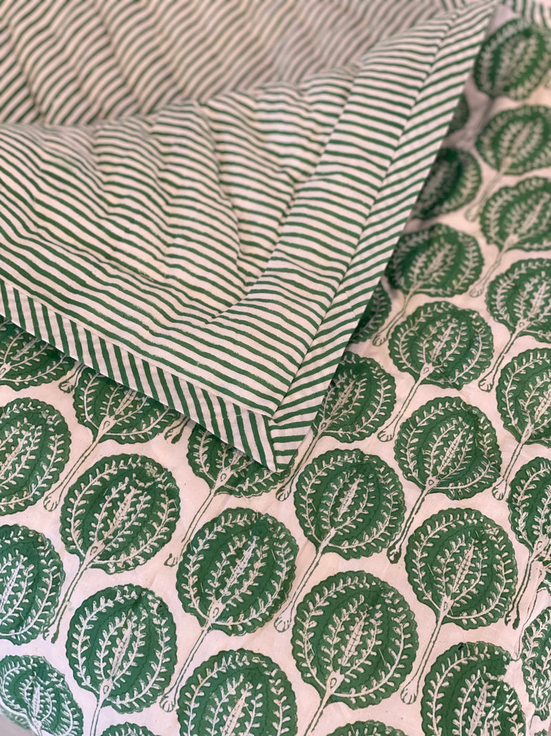 Block Printed Quilt - Green Fan/Stripe