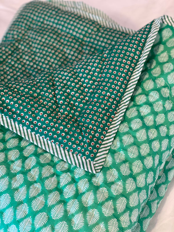 Block Printed Quilt - Green Fern/Spot