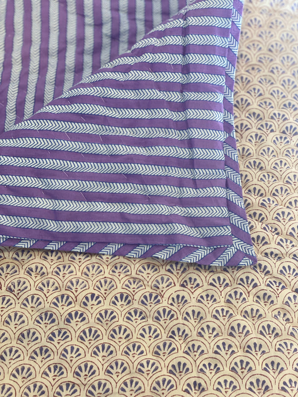 Block Printed Quilt - Lilac Fans/Purple Stripe