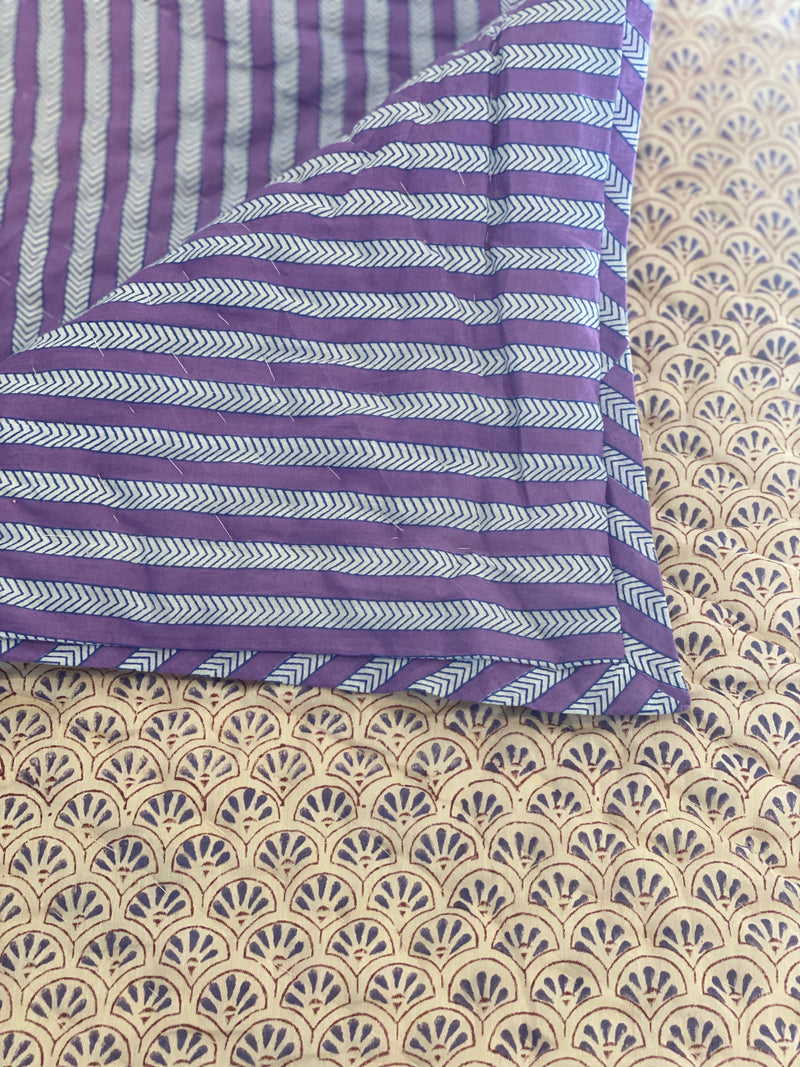 Block Printed Quilt - Lilac Fans/Purple Stripe