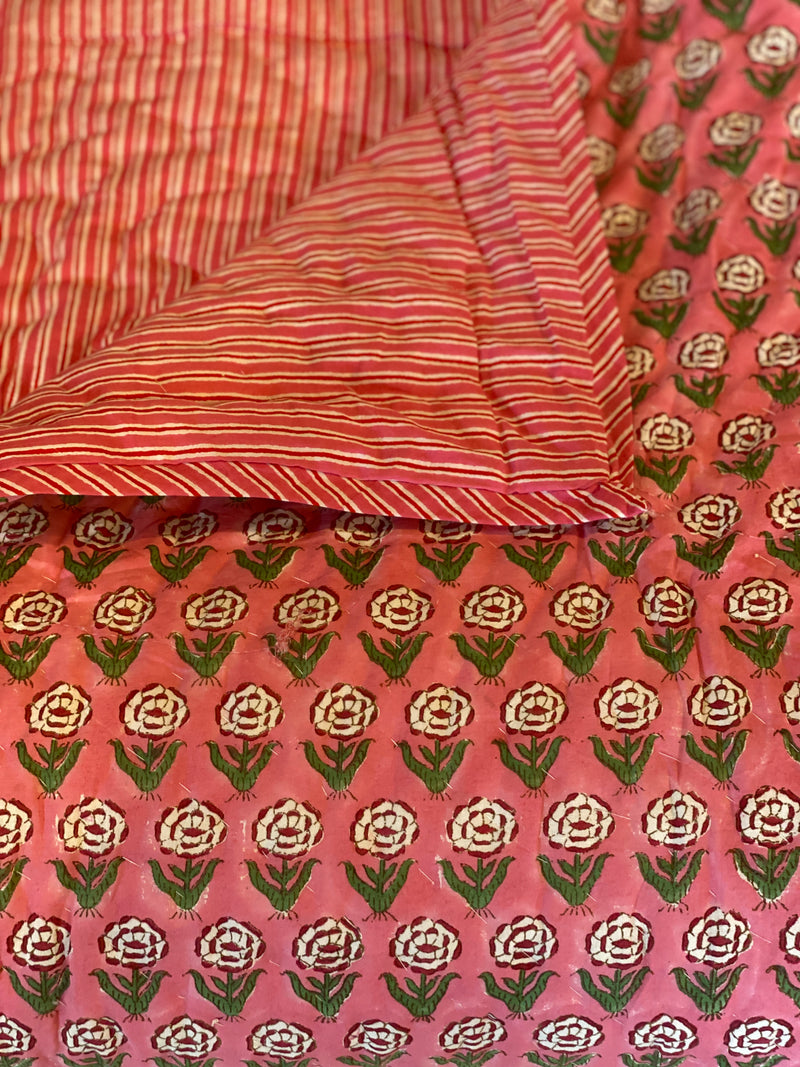 Block Printed Quilt - Pink Rose/Stripe