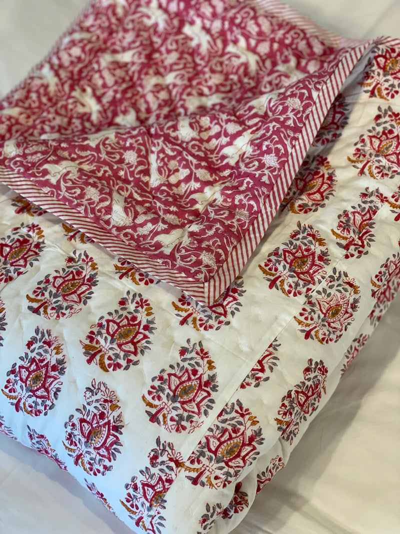 Block Printed Quilt - Pink/Mustard Motif