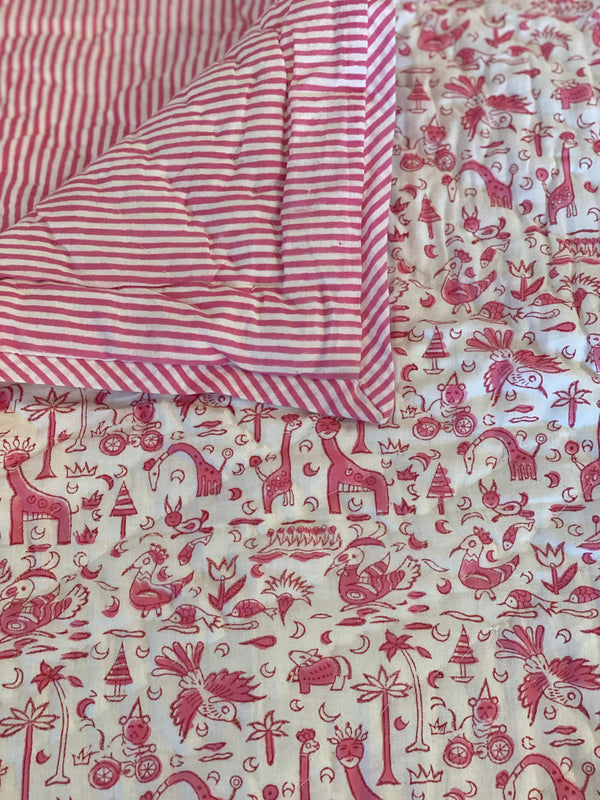 Block Printed Baby Quilt - Pink Zoo