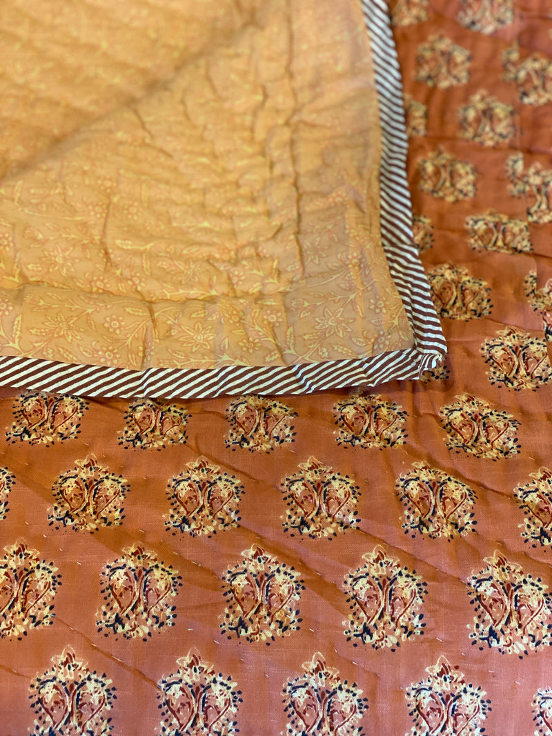 Block Printed Quilt - Terracotta Motif/Stripe