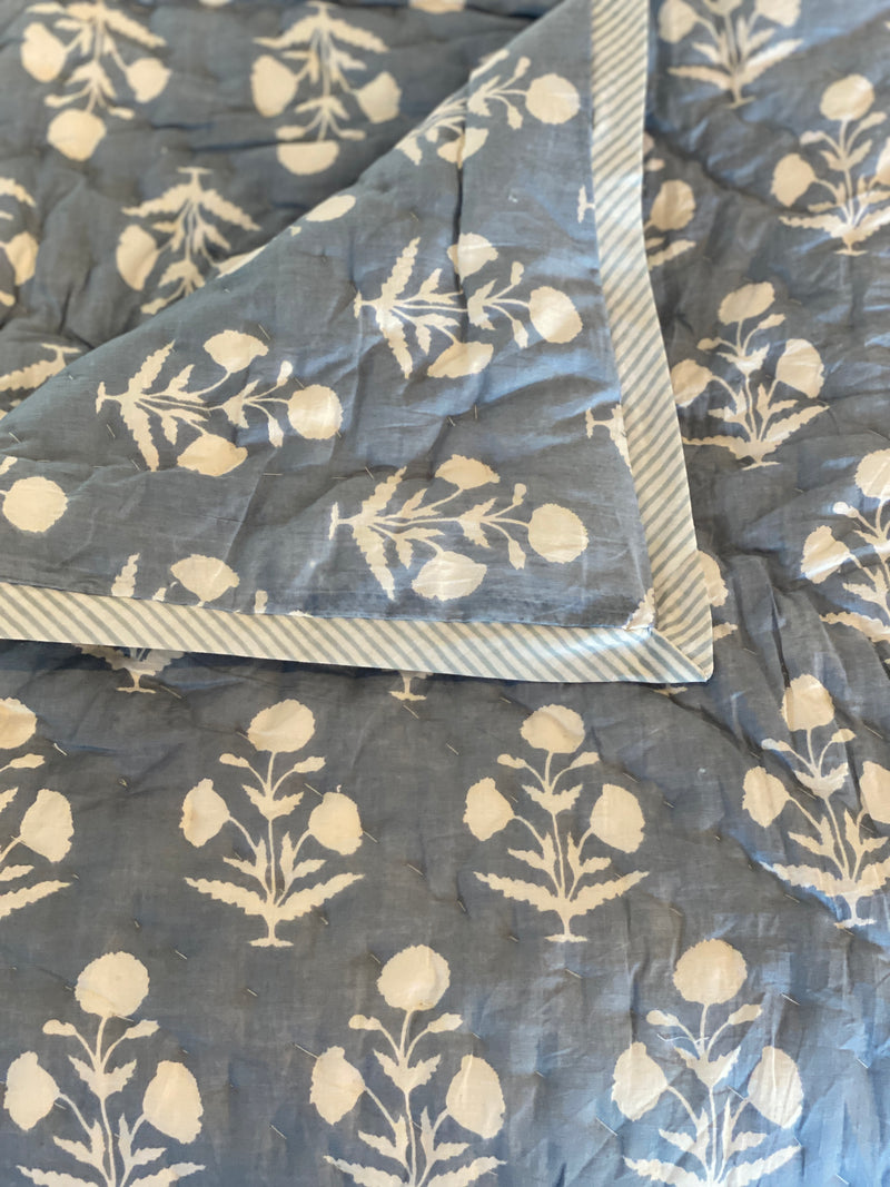 Block Printed Quilt - Cornflower Motif