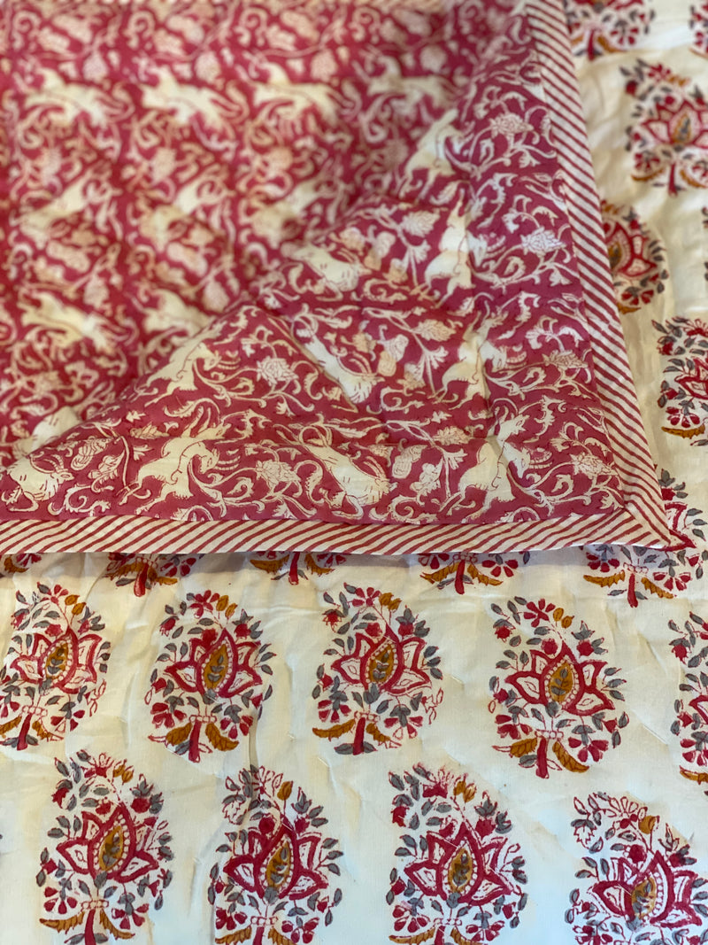 Block Printed Quilt - Pink/Mustard Motif