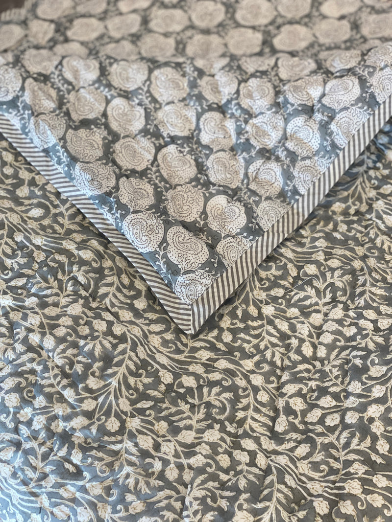 Block Printed Quilt - Grey Floral