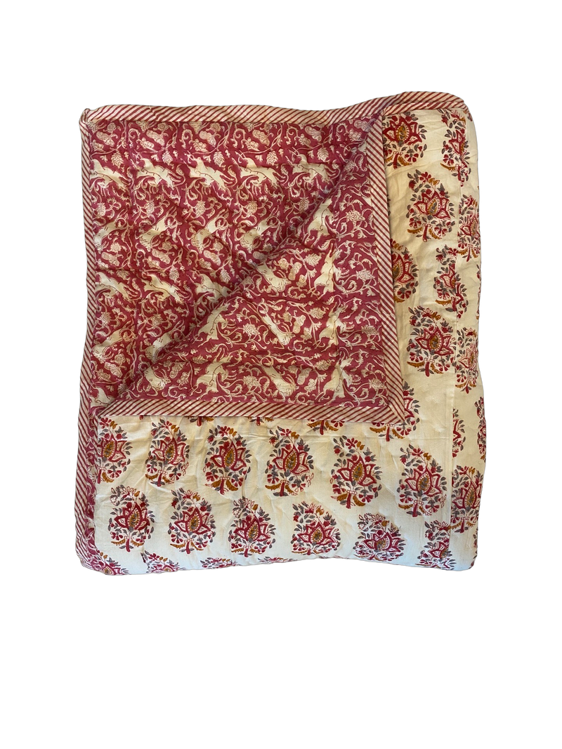 Block Printed Quilt - Pink/Mustard Motif