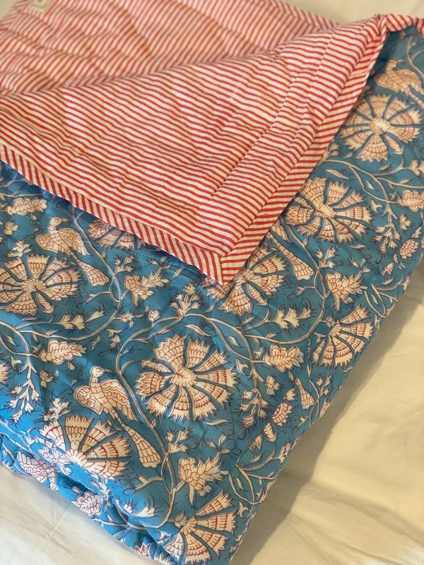 Block Printed Quilt - Blue/Red Floral/Stripe