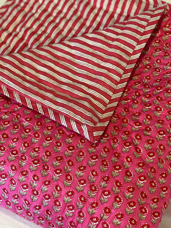 Block Printed Quilt - Pink/Red Ditzy/Stripe