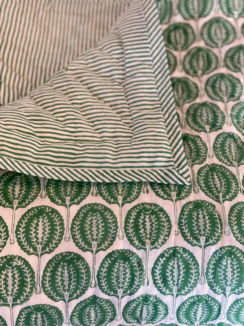 Block Printed Quilt - Green Fan/Stripe