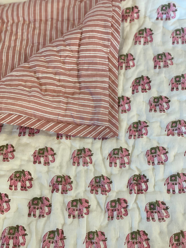Block Printed Baby Quilt - Pink Elephants