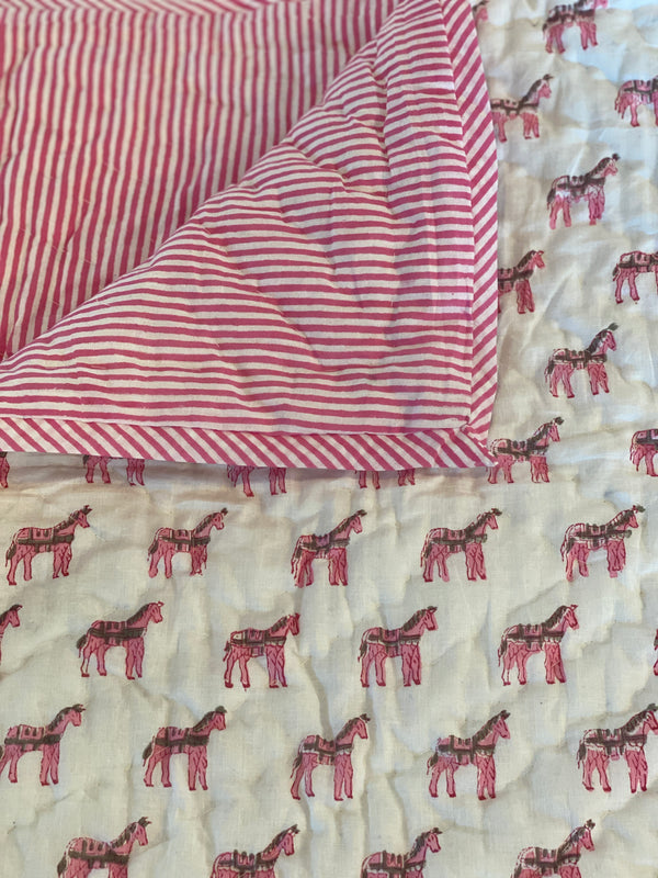 Block Printed Baby Quilt - Pink Horses