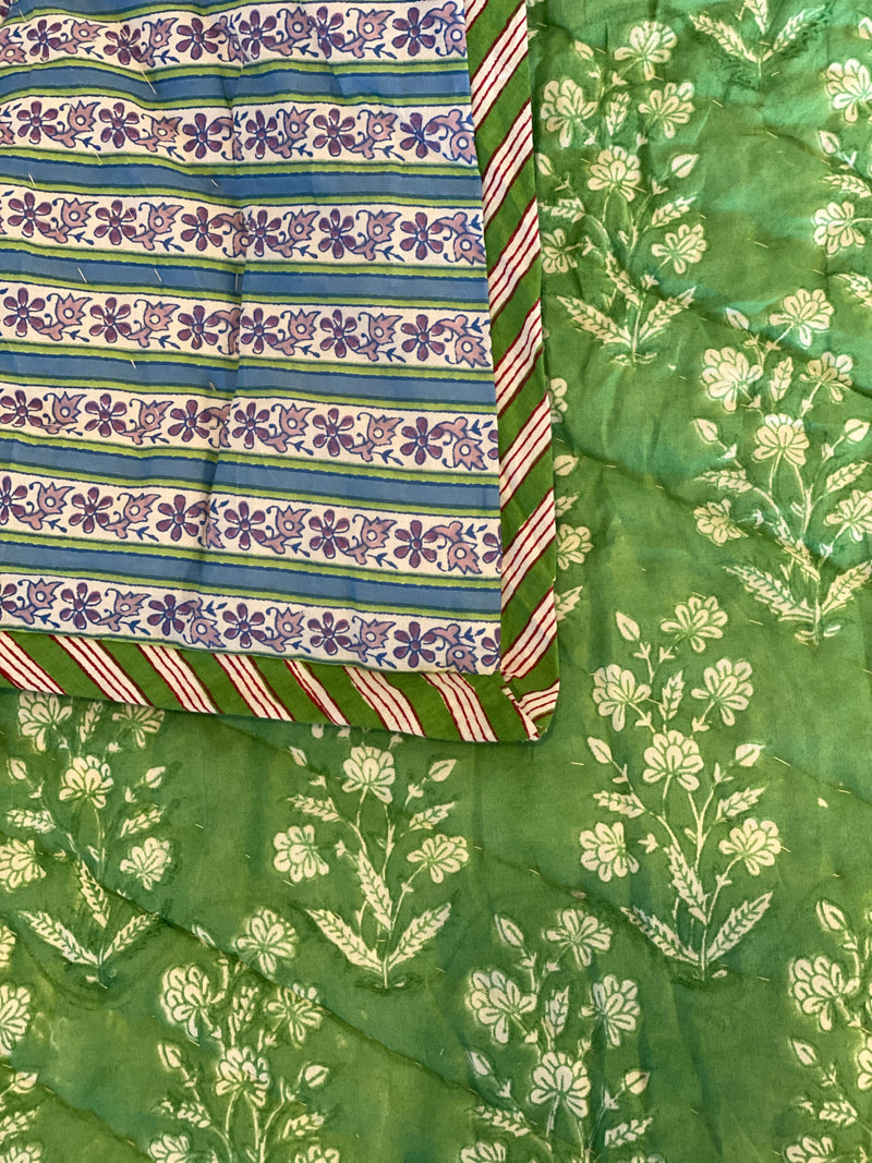 Block Print Quilt - Spring Green Floral/Purple Stripe