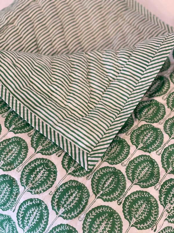 Block Printed Quilt - Green Fan/Stripe