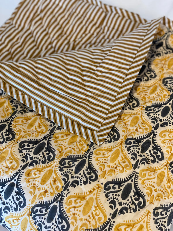 Block Printed Quilt - Mustard Motif/Stripe