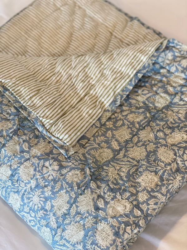 Block Printed Quilt - Blue Floral/Sage Stripe