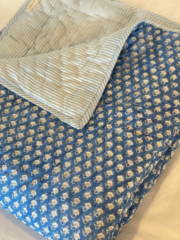 Block Printed Quilt - Blue Ditzy/Stripe