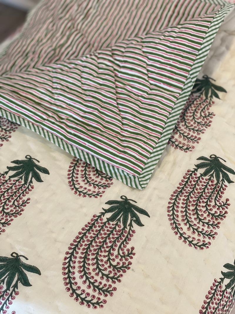 Block Printed Quilt - Green/Pink Fern/Stripe