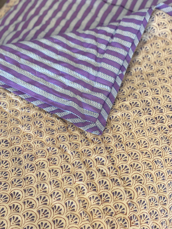 Block Printed Quilt - Lilac Fans/Purple Stripe