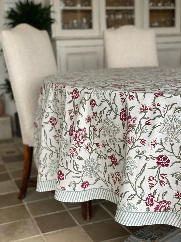 Block Printed Round Tablecloth - Burgundy Vine 280cm