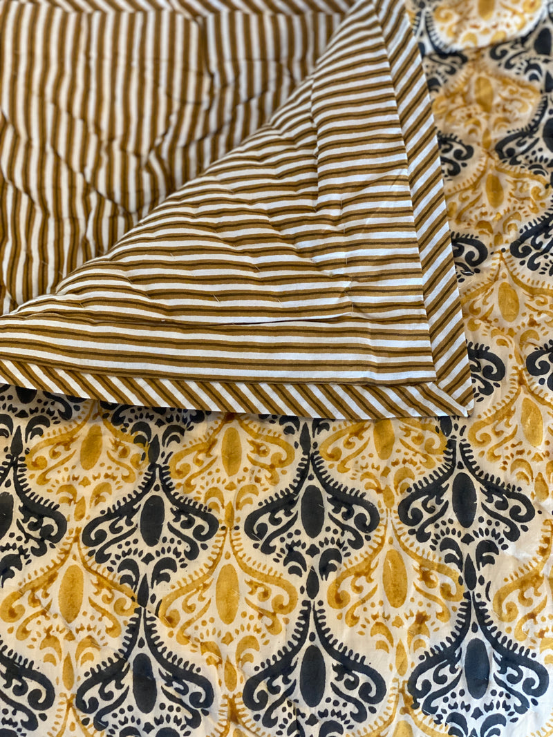 Block Printed Quilt - Mustard Motif/Stripe