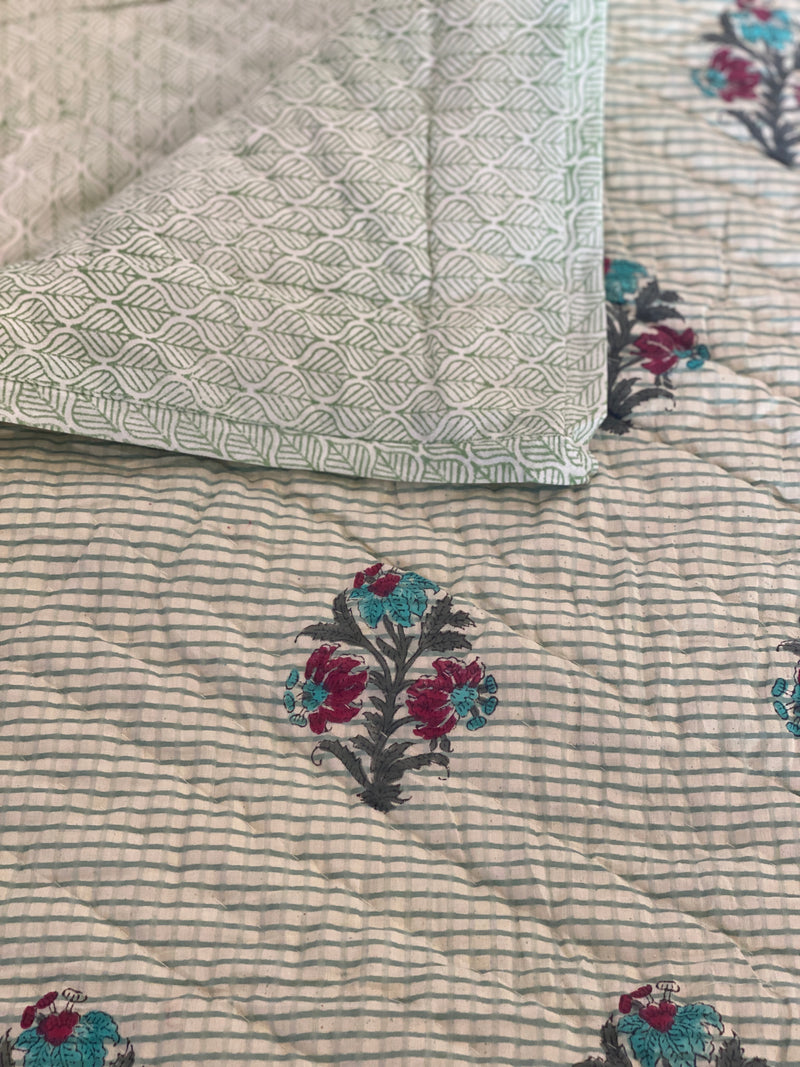 Block Printed Quilt - Green Check/Floral Motif