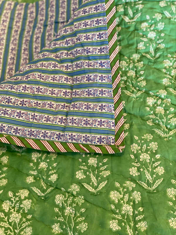 Block Print Quilt - Spring Green Floral/Purple Stripe