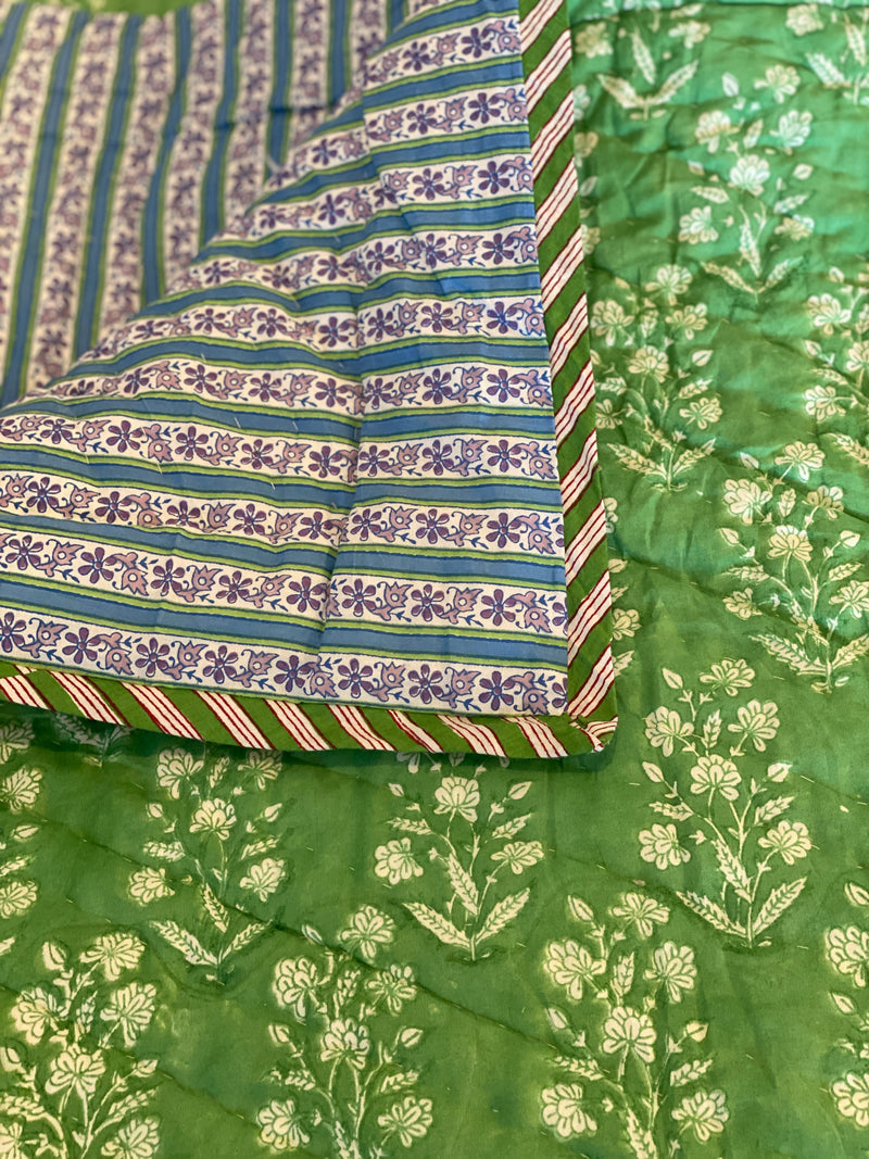 Block Print Quilt - Spring Green Floral/Purple Stripe