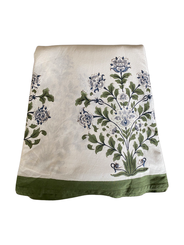 Block Printed Round Tablecloth - Green/Blue Bouquet 280cm