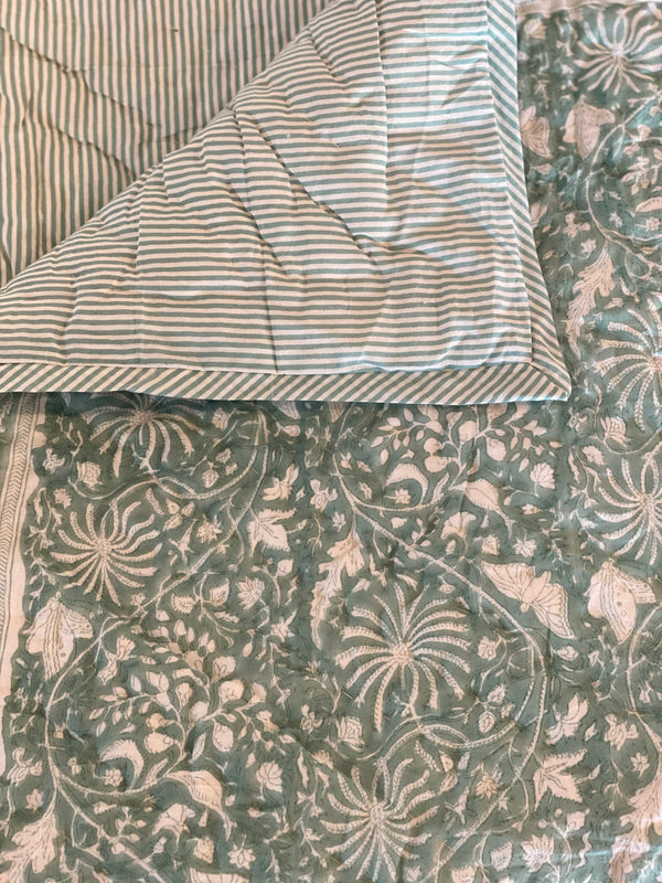 Block Printed Quilt - Green Butterflies/Stripe
