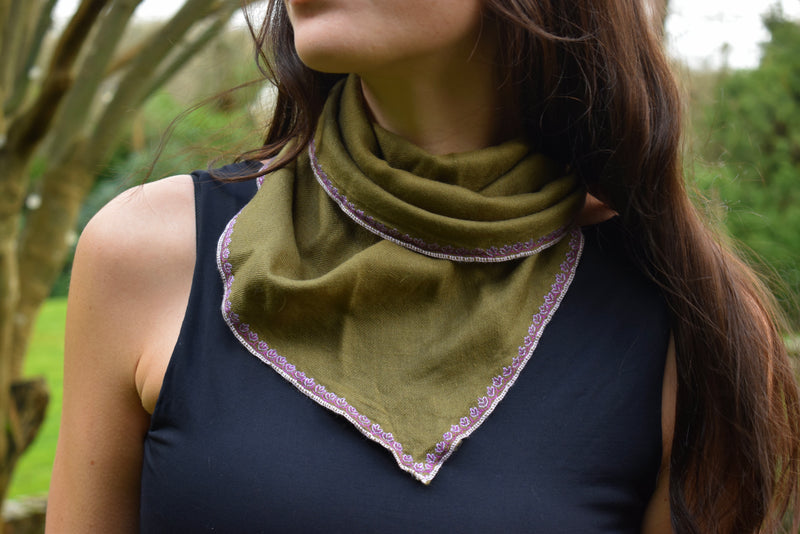 Embroidered Shahmina Neck Scarf - Olive