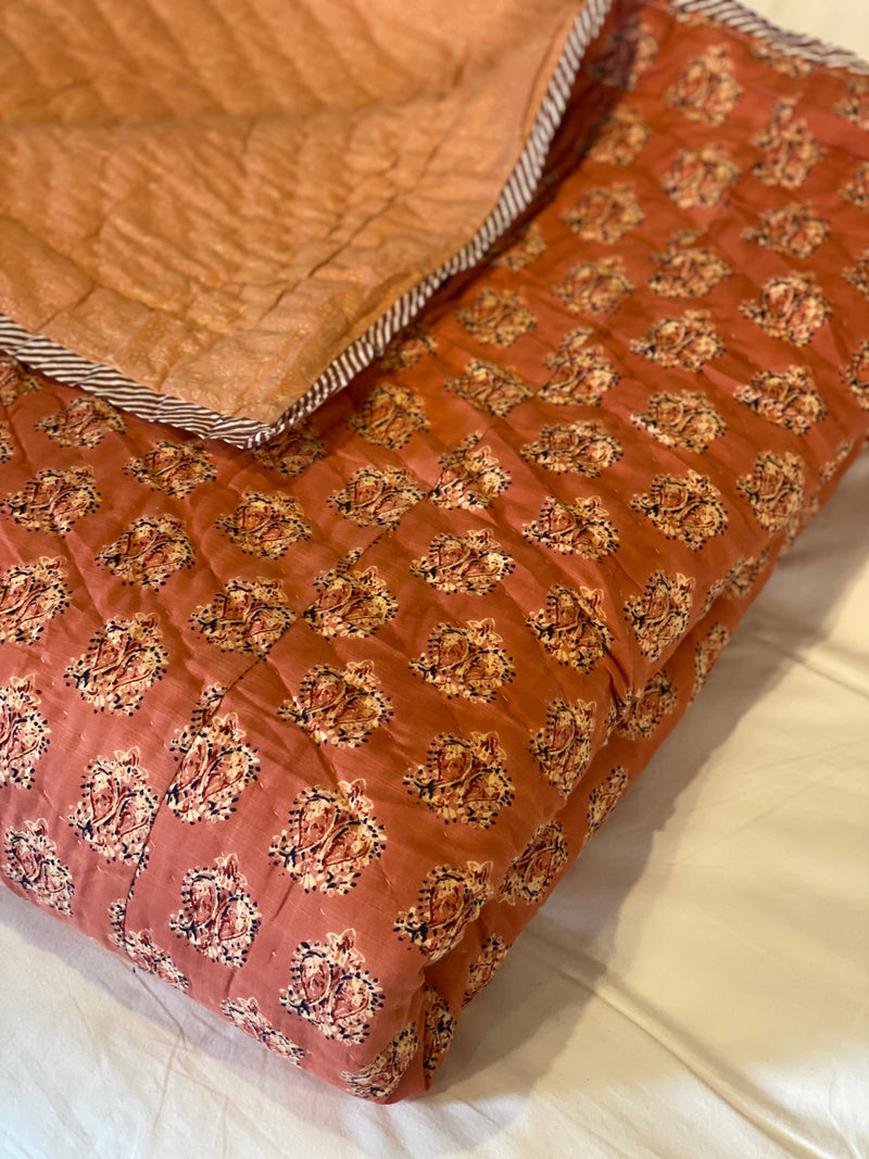 Block Printed Quilt - Terracotta Motif/Stripe