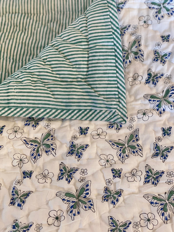 Block Printed Baby Quilt - Blue/Green Butterflies