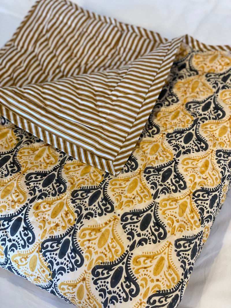 Block Printed Quilt - Mustard Motif/Stripe