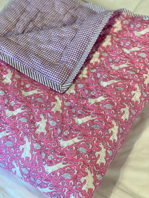 Block Printed Quilt - Pink Deer/Lilac Gingham