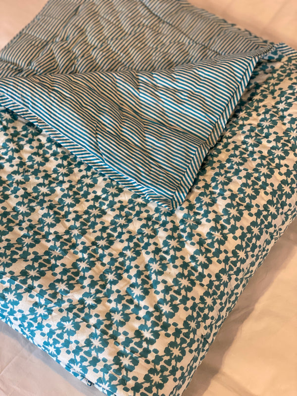 Block Printed Quilt - Teal Starburst/Stripe