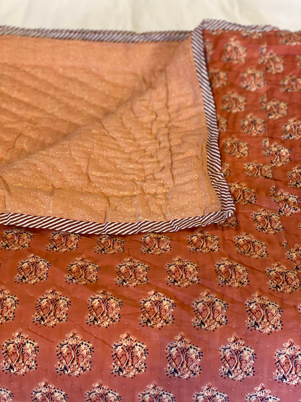 Block Printed Quilt - Terracotta Motif/Stripe