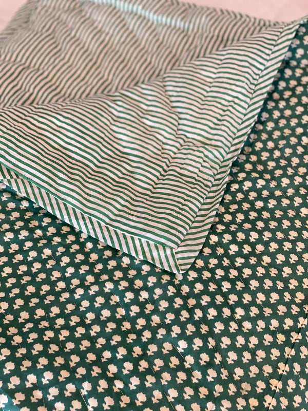 Block Printed Quilt - Green Floral/Stripe