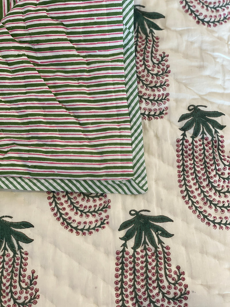 Block Printed Quilt - Green/Pink Fern/Stripe