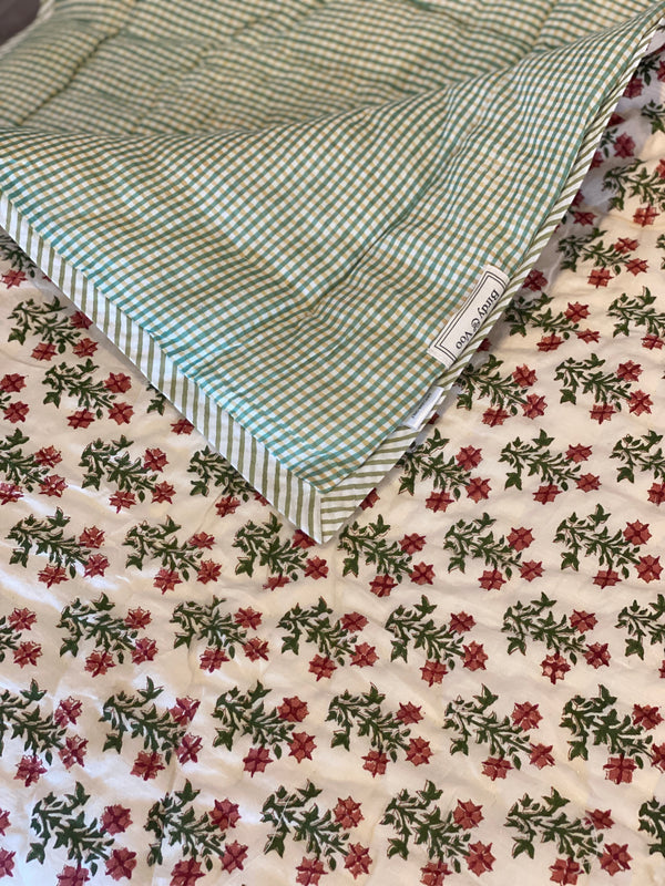 Block Print Quilt - Green/Pink Floral/Check