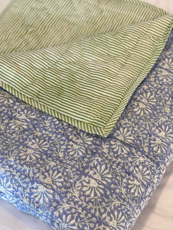Block Printed Quilt - Lilac Fan/Green Gingham