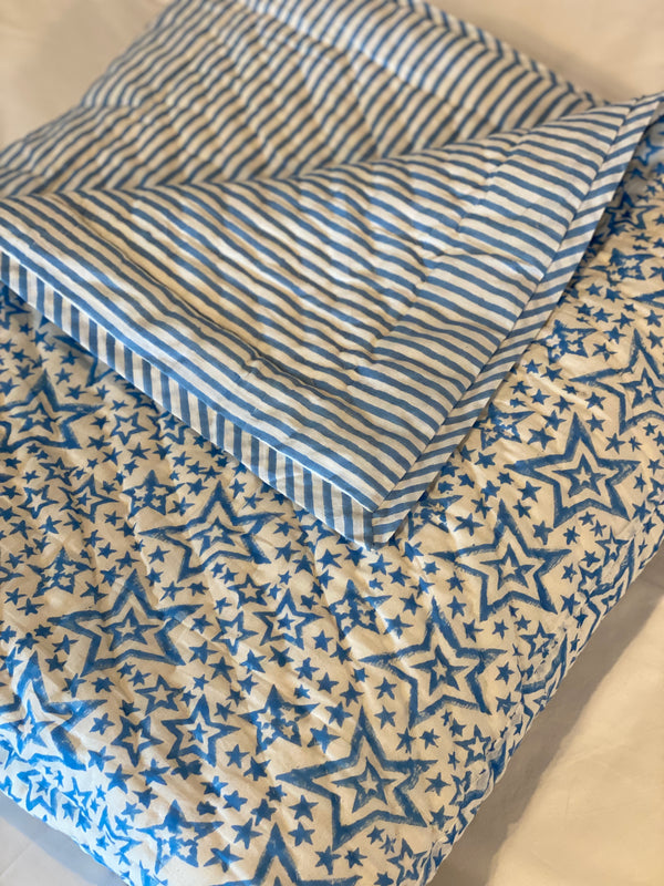 Block Printed Quilt - Blue Stars/Stripe
